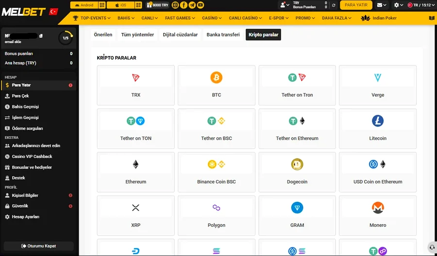 Melbet kasa ekranı Melbet para yatırma ekranı ve ödeme yöntemi sekmeleri